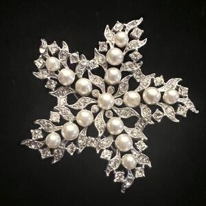 Vintage Faux Pearl and Rhinestone Snowflake Brooch